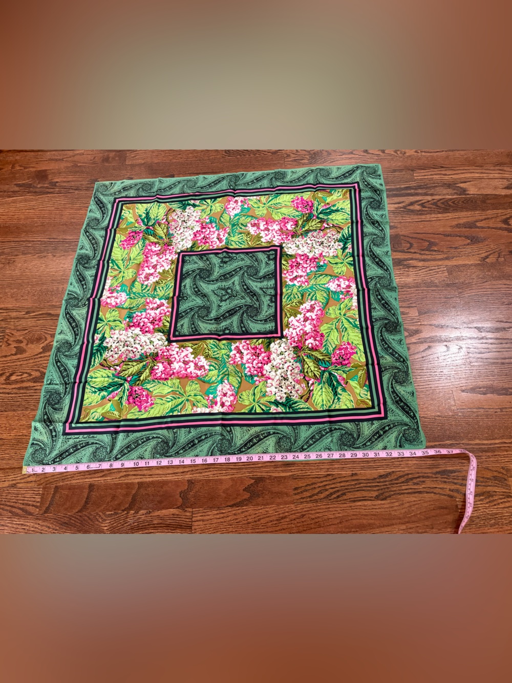 1990 vintage Oscar de la Renta silk scarf featuring a striking pine green paisle